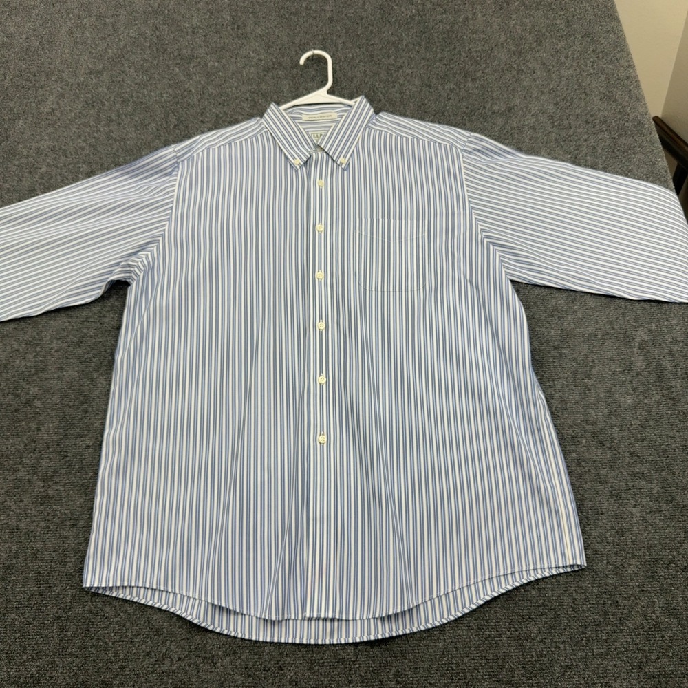 LL Bean Button Down Mens 17-33 Blue Cotton Wrinkle Resistant Striped Classic